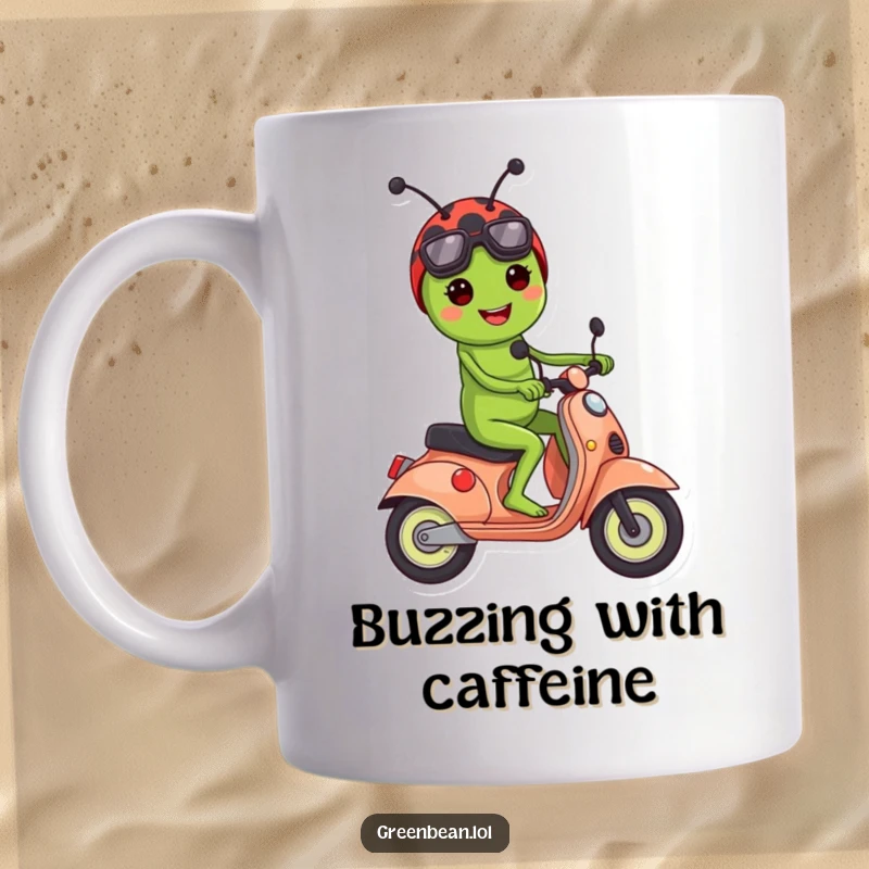Funny mug featuring a happy green bean character joyfully riding a ladybug as if it were a scooter.