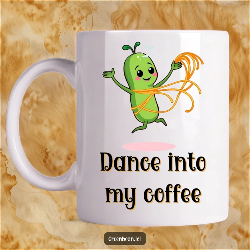 Funny mug depicting an energetic green bean character joyfully dancing and twirling spaghetti like a ribbon dancer.