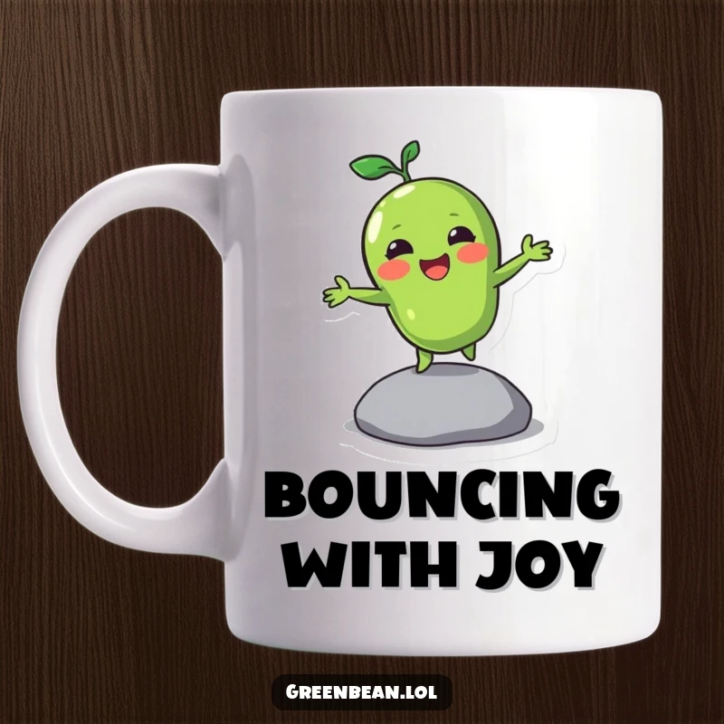 Funny mug featuring a green bean character happily bouncing on a small pebble, radiating pure joy and energy.