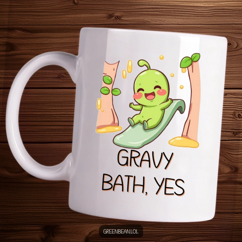 Funny Mug showing a giggling green bean character sliding gleefully down a gravy slide, pure food joy.
