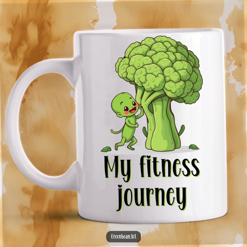 Funny mug featuring a determined green bean character struggling to climb a massive broccoli stalk, symbolizing perseverance and humor.