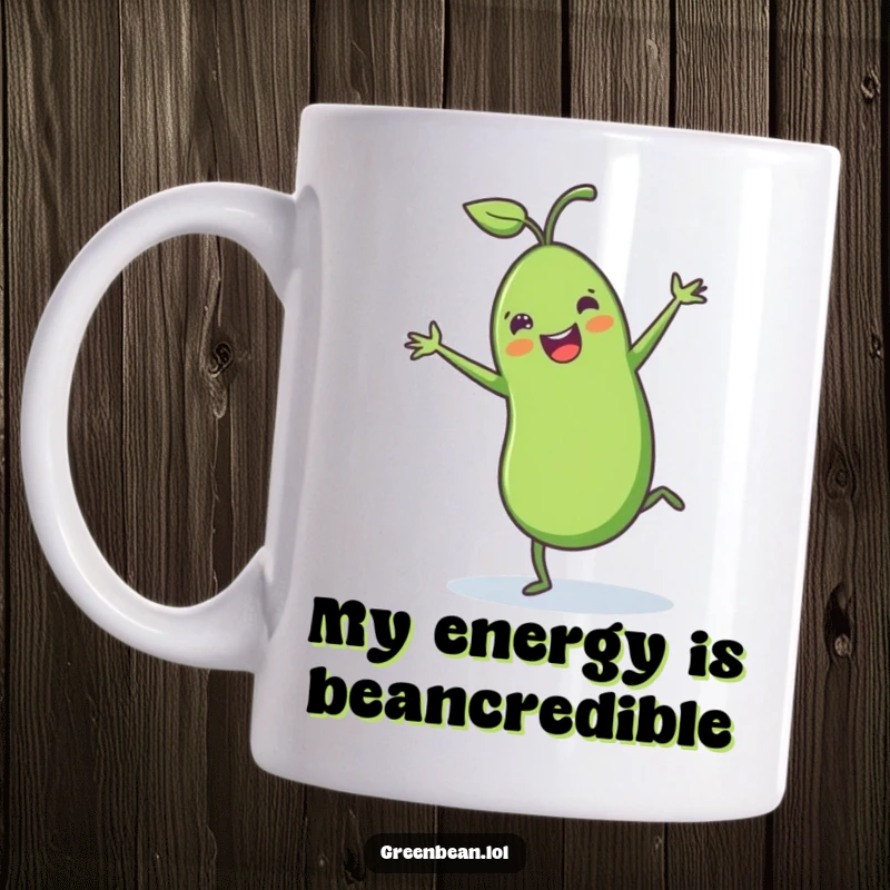 Funny green bean mug featuring a cheerful green bean with tiny legs joyfully performing a cartwheel, showcasing its energetic and funny personality.