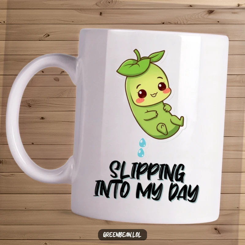 Funny Green Bean Mug featuring a playful character sliding down a dewdrop, showcasing a lighthearted and fun moment.