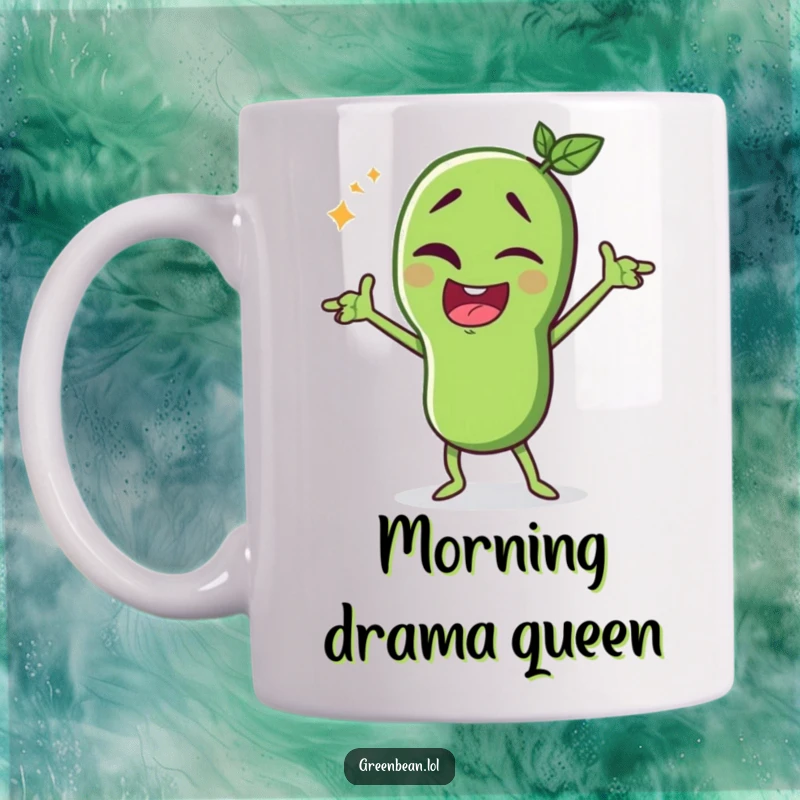 Funny green bean mug, winking character striking a dramatic pose, full of personality and theatrical flair, ideal for coffee drinkers, funny gift.