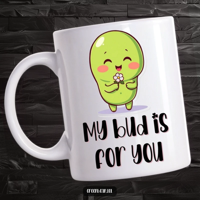 Funny green bean character with a sweet smile offering a delicate tiny flower, perfect for a cute mug.