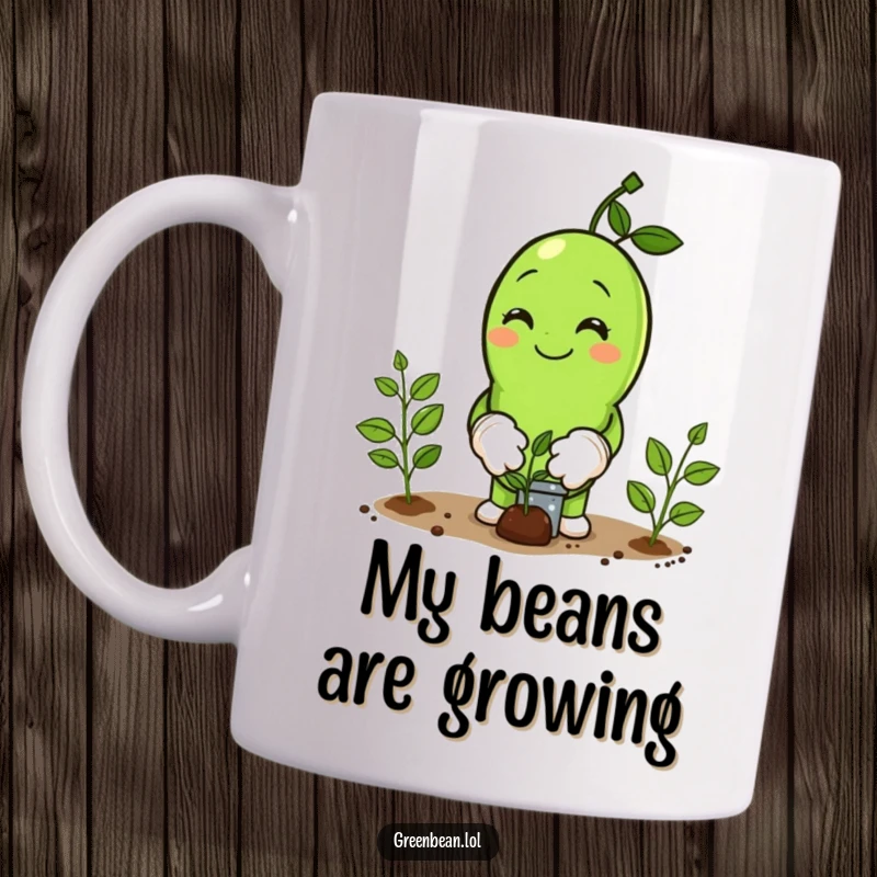 Funny Mug featuring a smiling green bean character wearing tiny gardening gloves, happily planting seeds in fertile soil.