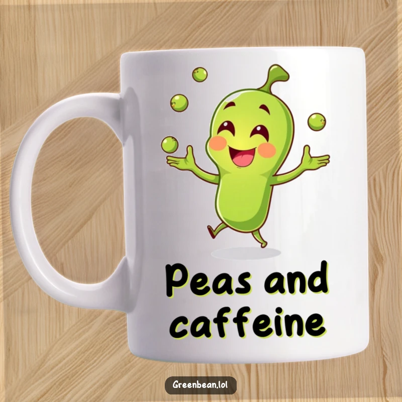 Funny green bean mug, joyful character happily juggling tiny peas, conveying fun and skill, ideal for coffee lovers, funny gift.