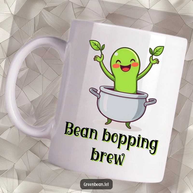Funny mug showing a happy green bean character energetically performing a lively jig while standing inside a cooking pot.