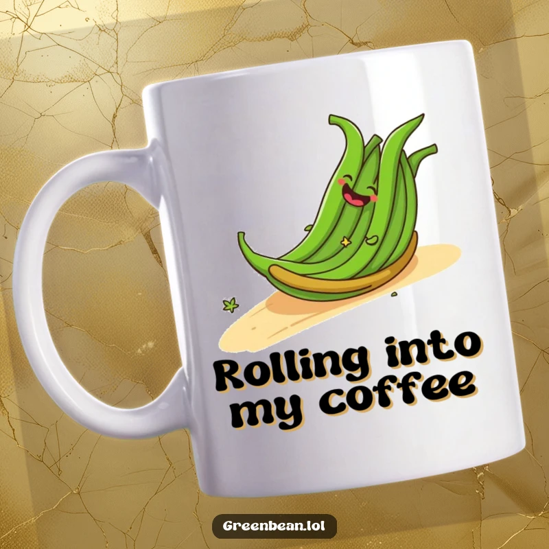 Funny mug of a cheerful bundle of green beans giggling as they roll down a gentle slope, spreading joy. A perfect funny gift.