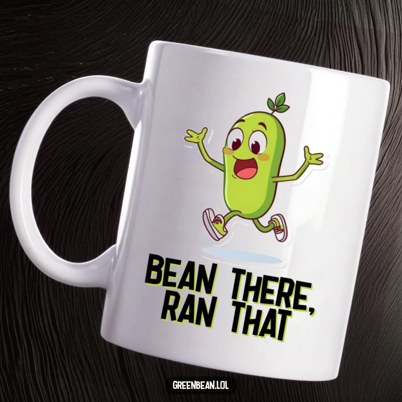 Funny green bean mug with tiny running shoes, sprinting forward with excitement, a perfect funny gift for athletes.