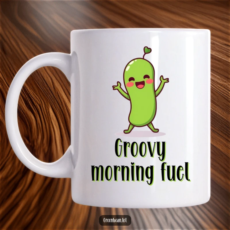 Funny mug with a lively green bean character performing a fun shimmy dance. Expresses joy and movement through a dancing vegetable.