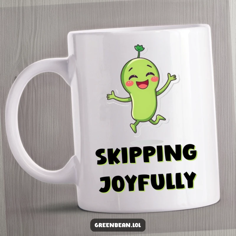 Funny green bean mug featuring a joyous character skipping with immense glee, capturing pure happiness and energetic veggie vibes. Great for coffee.