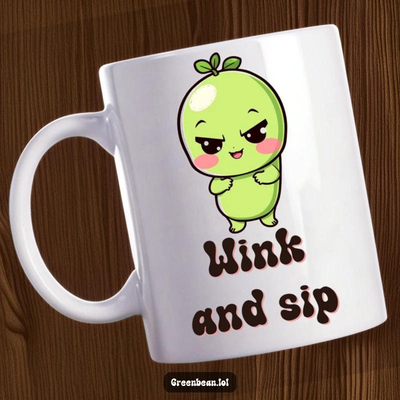 Funny mug featuring a playful green bean character giving a mischievous and knowing sly wink.