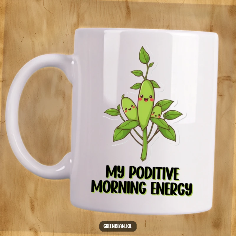 Funny mug with a smiling green bean plant and pods, radiating cheerful veggie vibes and lighthearted humor.
