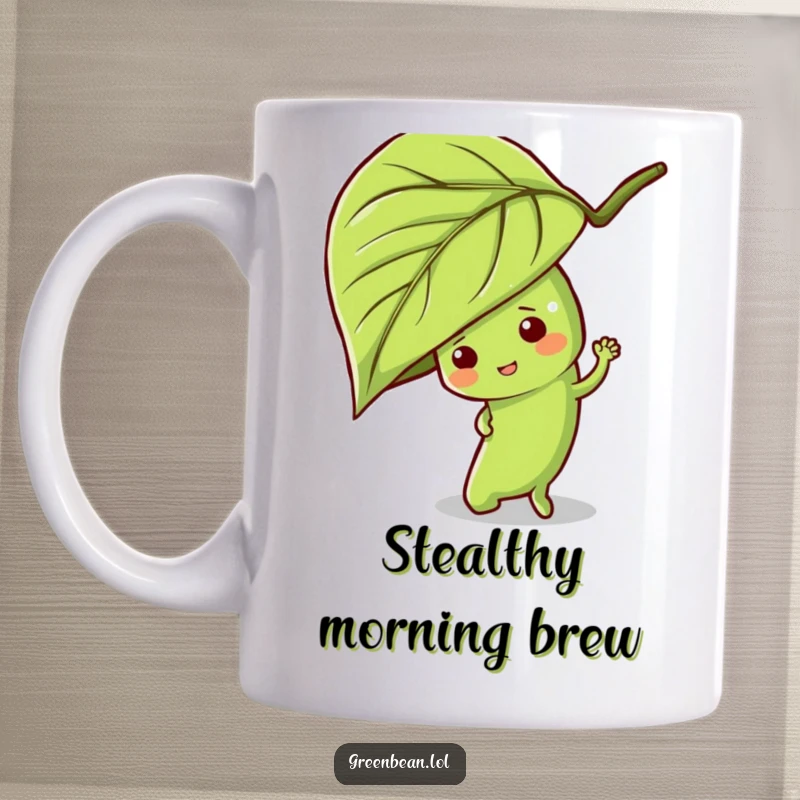 Funny green bean mug featuring a mischievous character peeking playfully from behind a large green leaf, signaling hide-and-seek.
