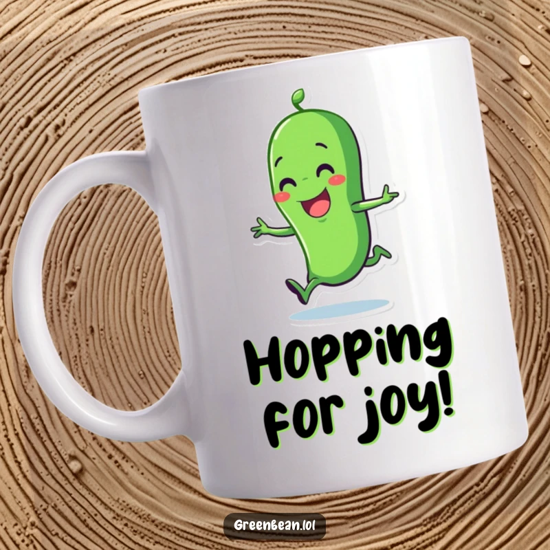 Funny hopping green bean mug with a joyful character doing a little hop of delight. A cheerful and humorous mug.