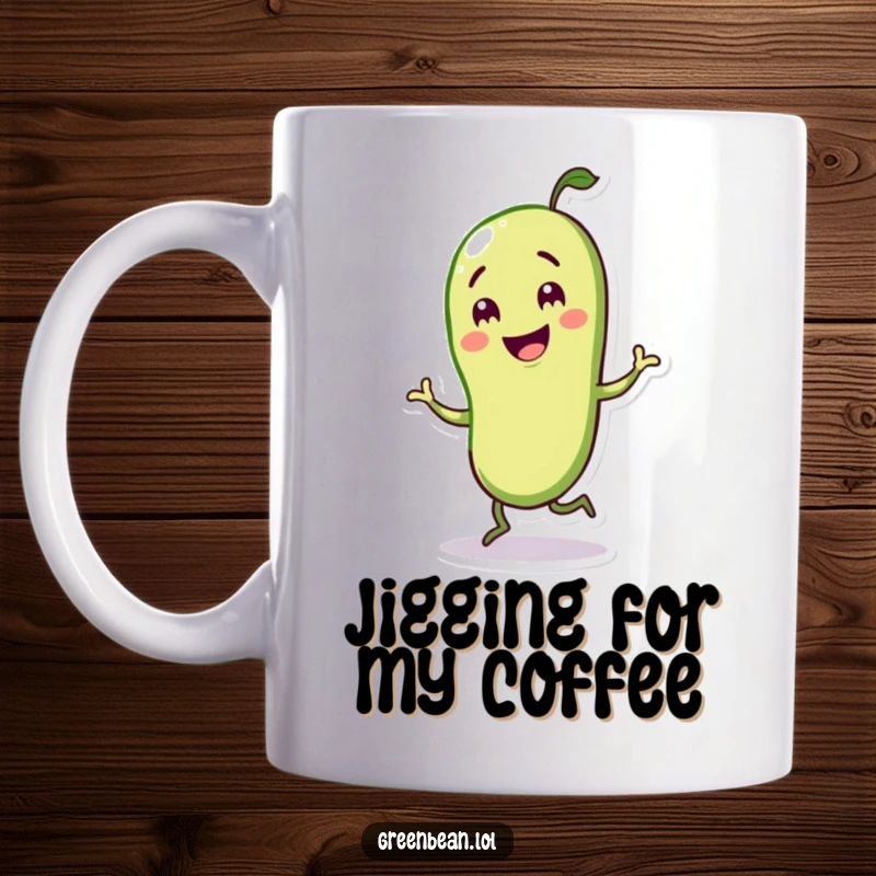 Funny mug featuring a happy green bean character enthusiastically doing a little jig, radiating pure joy.