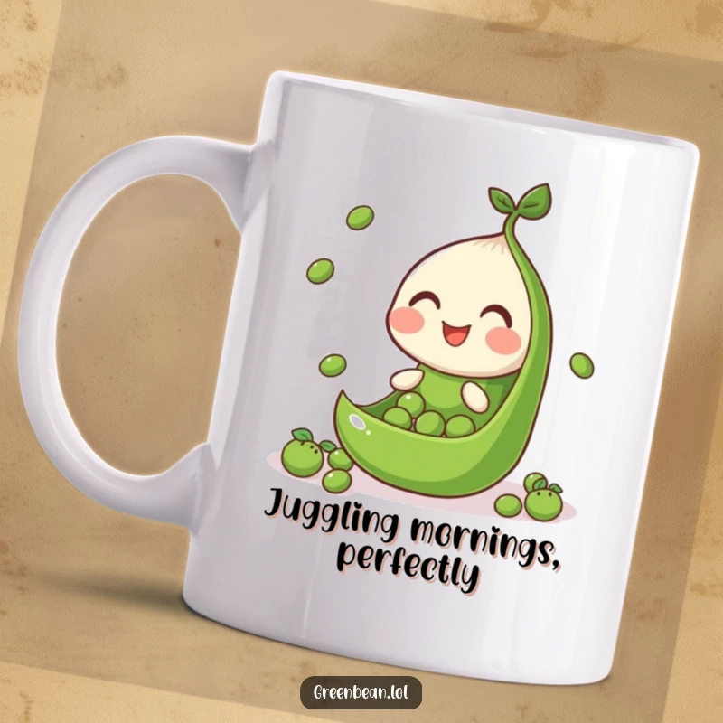 Funny mug featuring a cheerful green bean segment expertly juggling small peas, showcasing playful dexterity.