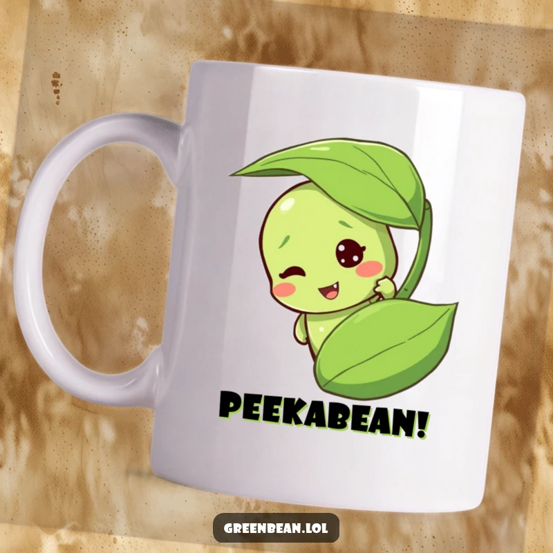Funny peeking green bean mug with a mischievous character playfully hiding behind a leaf. A humorous mug design.