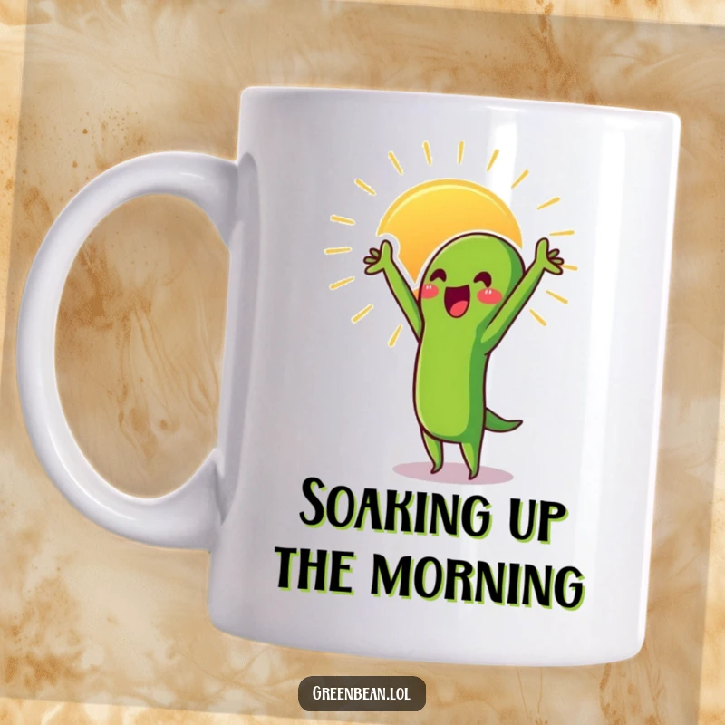 Funny Green Bean Mug featuring a proud character stretching towards the sun, symbolizing growth and aspiration.