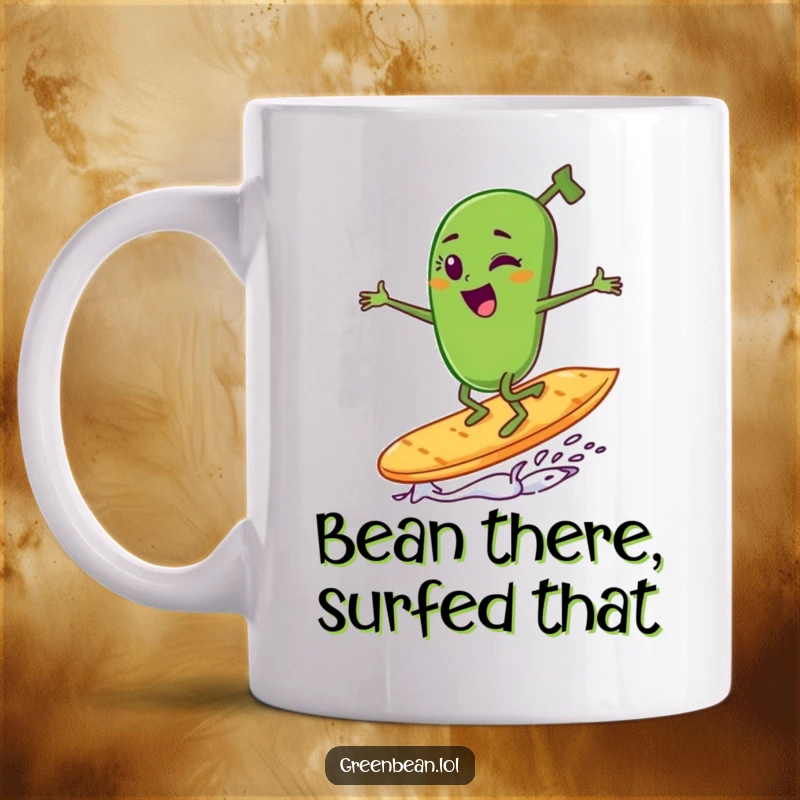 Funny green bean character winking and hilariously surfing on a potato chip, designed for a laugh.