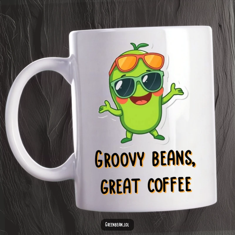 Funny mug featuring a laughing green bean in oversized sunglasses striking a disco pose, celebrating fun and music.