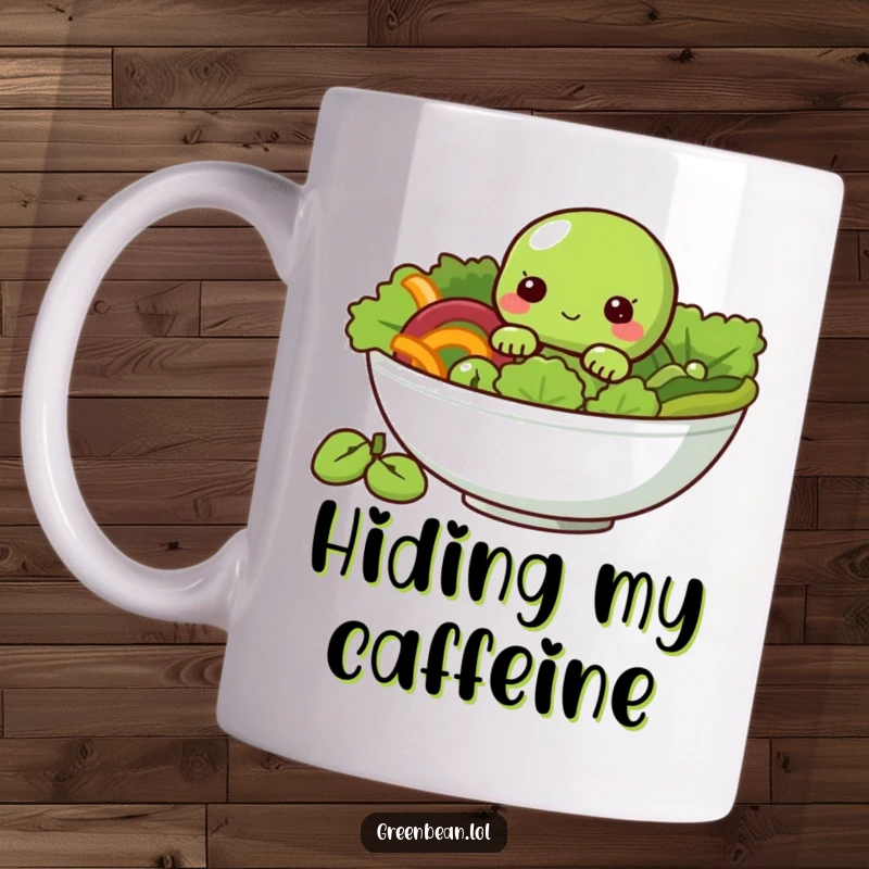 Funny Mug showcasing a shy green bean character peeking cutely from a salad bowl, a veggie surprise.