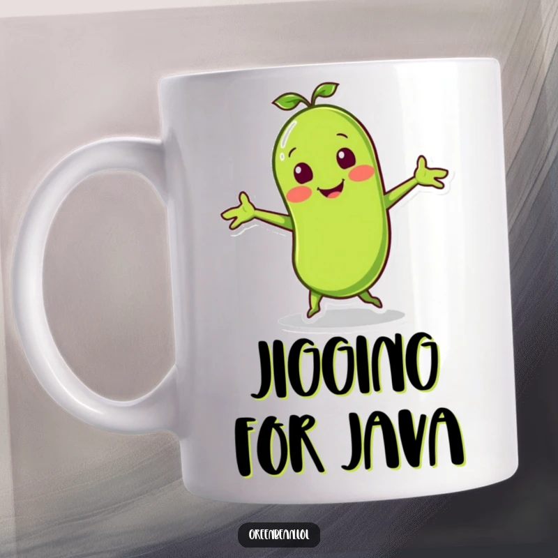 Funny mug with a smiling green bean character doing a lively jig with little arms outstretched, celebrating playful energy.