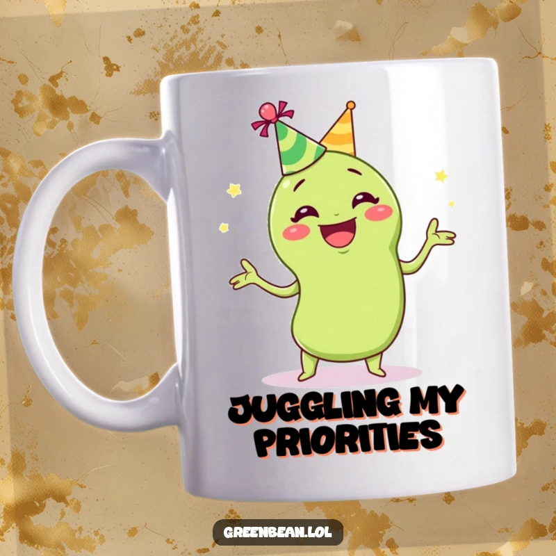 Funny juggling green bean mug featuring a grinning green bean in a party hat, joyfully juggling, embodying festive and humorous celebration.