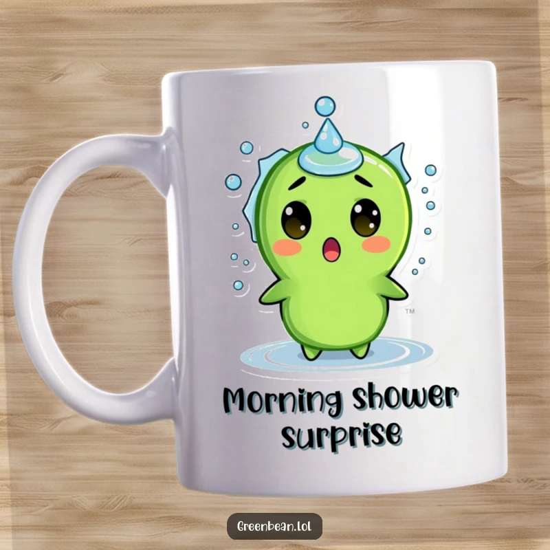 Funny mug featuring a surprised green bean character with wide eyes as a water droplet splashes it, capturing a comical moment.