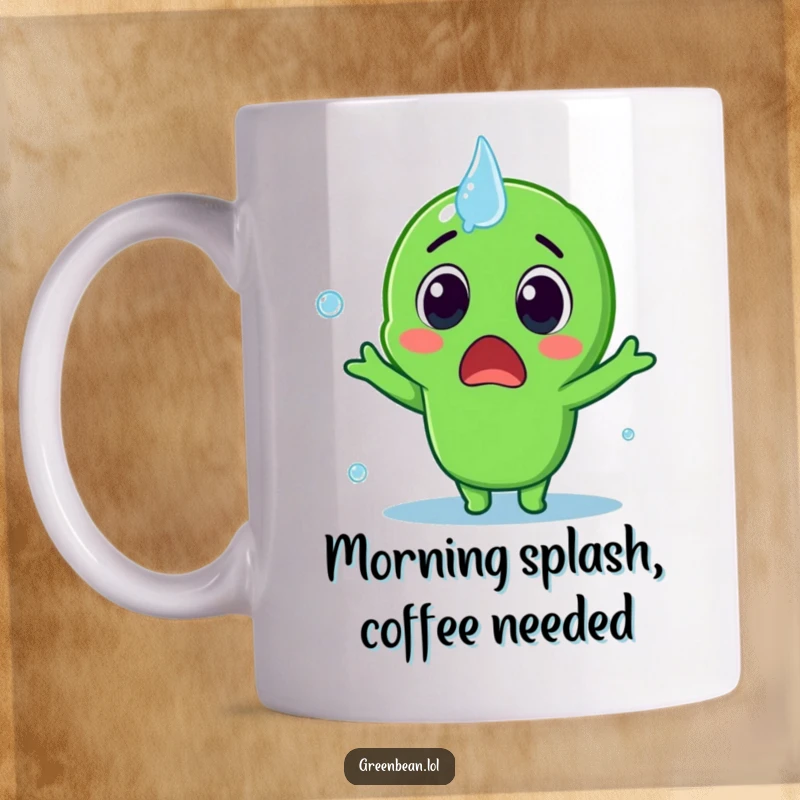 Funny Mug showing a surprised green bean character being splashed by a water droplet, capturing a moment of playful shock, a great funny gift.