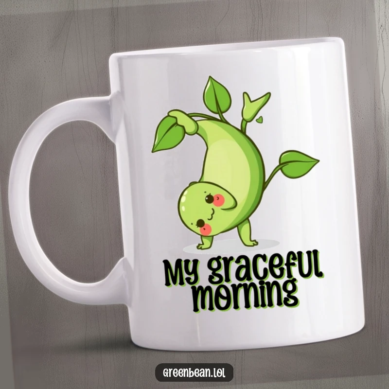 Funny Green Bean Mug: An active green bean character performing a playful somersault with a flourish of leafy greens, bringing energetic humor.