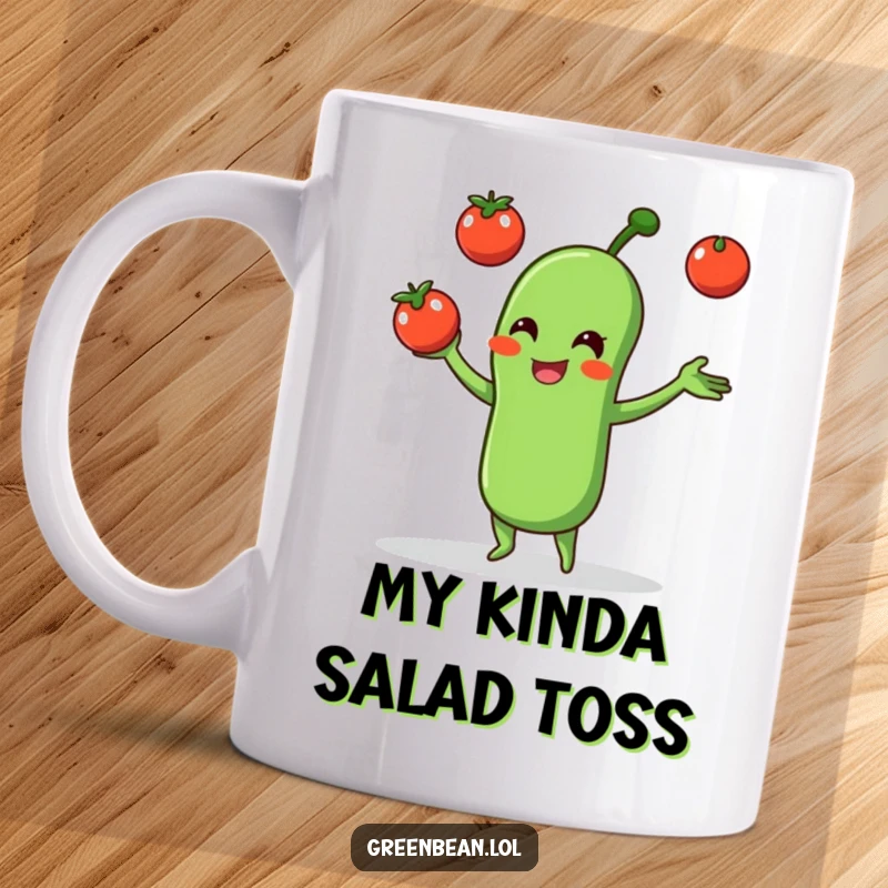 Funny mug featuring a cheerful green bean character expertly juggling three small tomatoes, showcasing skill and silliness.