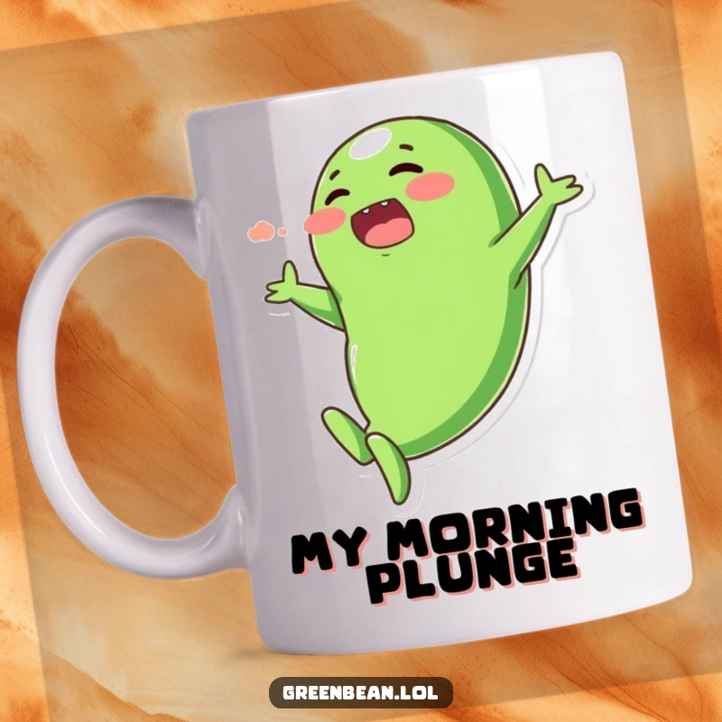 Funny mug featuring a plump, blushing green bean character in a dramatic, exaggerated dive, perfect for coffee lovers.