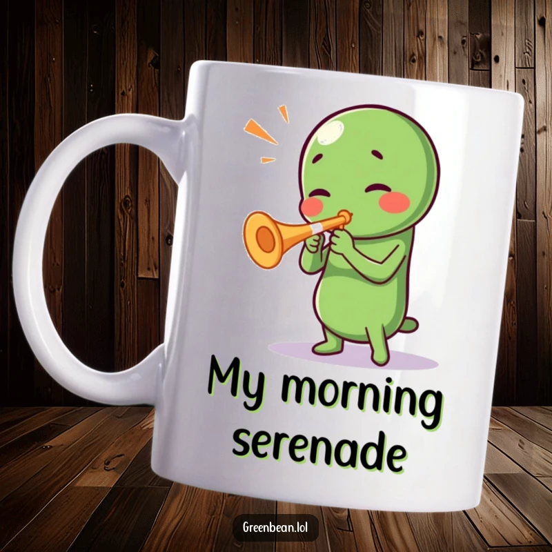 Funny Green Bean Mug: Enthusiastic green bean character joyfully playing a miniature trumpet, bringing vibrant humor and musical cheer.