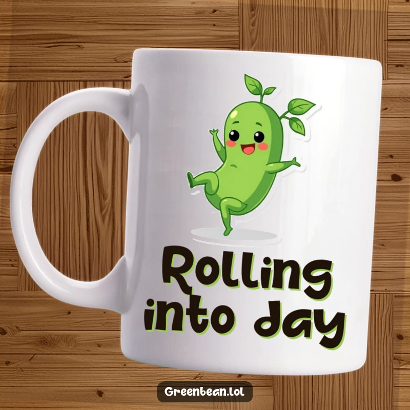 Funny mug with a cheerful green bean character doing a cartwheel, leafy tops trailing, energetic and fun.