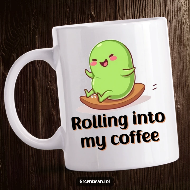 Funny Mug showing a plump green bean character rolling down a gentle slope with pure glee and abandon.