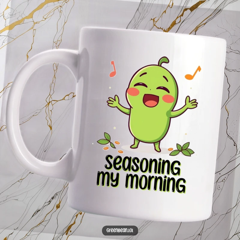 Funny Mug featuring a happy green bean character singing loudly with eyes closed, while being seasoned with spices.