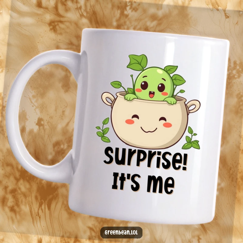 Funny mug featuring a surprised green bean character peeking out from a giant, smiling pot, whimsical design.