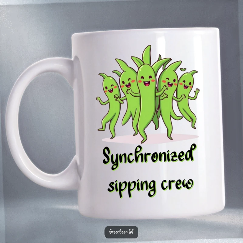 Funny dancing green beans mug showcasing a bunch of cheerful green beans performing a synchronized dance, symbolizing unity and hilarious vegetable fun.