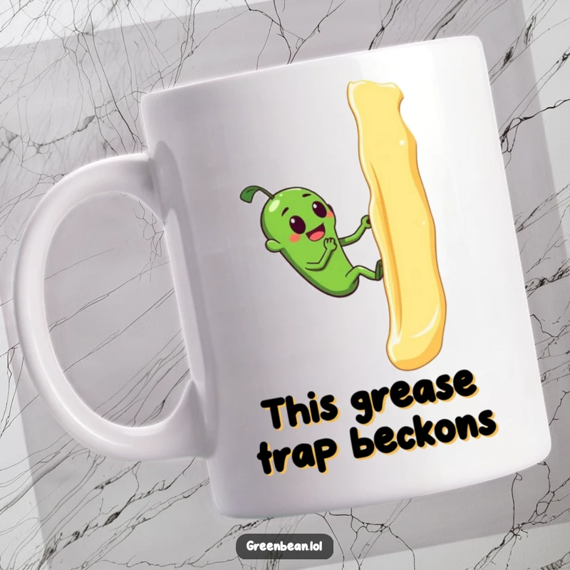 Funny mug showing a determined green bean slipping on a wall of butter, symbolizing struggle with humor.