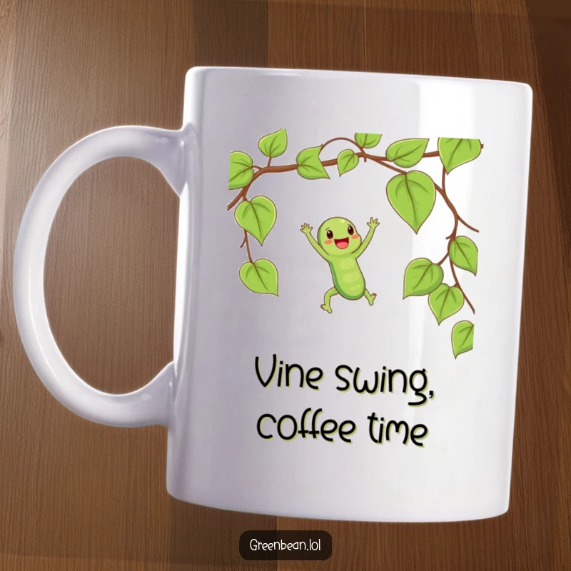 Funny mug showing a happy string bean swinging on a vine like a trapeze artist, depicting pure joy.
