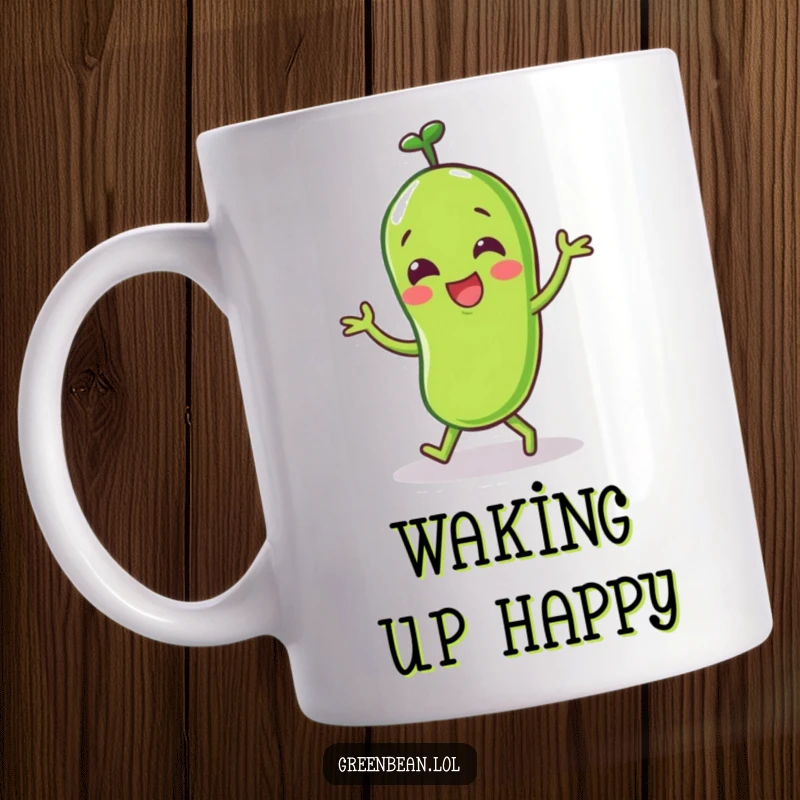 Funny Green Bean Mug featuring a happy character doing a little dance, exuding pure joy and playful energy.