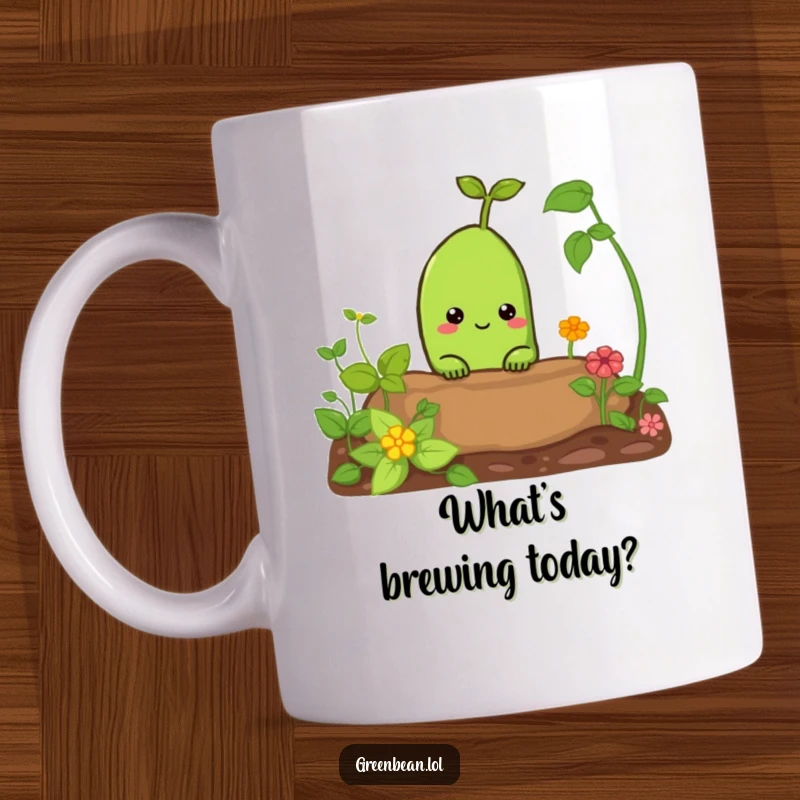 Funny mug showing a curious green bean character peeking out from a lush garden bed. Evokes playfulness and garden charm.