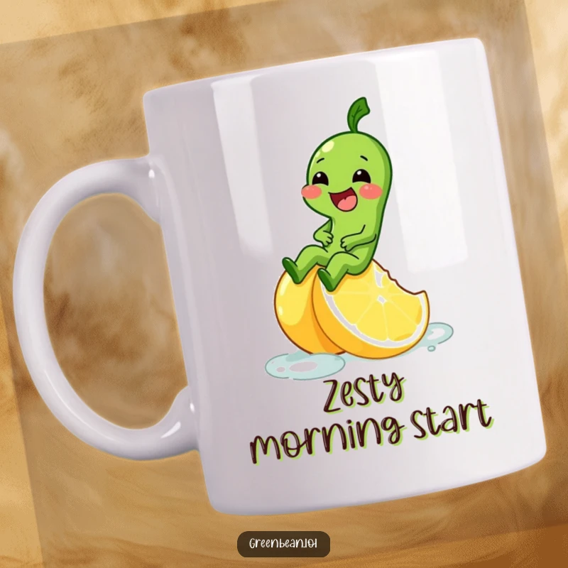 Funny mug showing a green bean character giggling while sliding down a slippery lemon wedge.