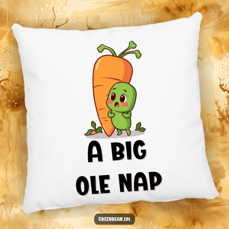 Funny pillow with a surprised green bean character and a giant carrot friend. Soft, humorous vegetable decor for sofas and beds.