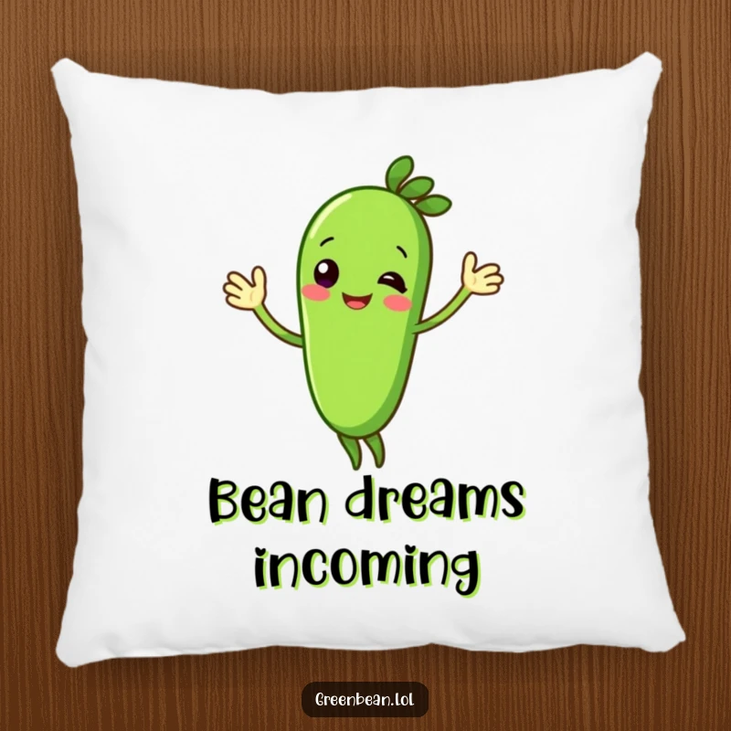 Funny green bean pillow with a cute, cheerful character enthusiastically waving. This soft cushion adds humor and comfort.
