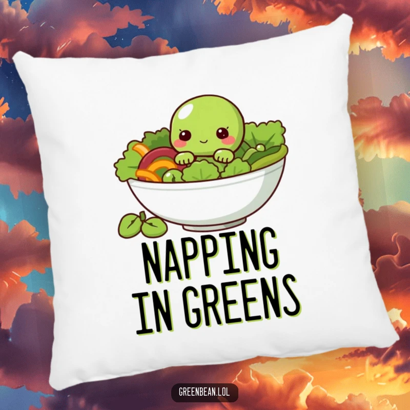 Funny Pillow showcasing a shy green bean character peeking from a salad bowl, providing comfort and humor.