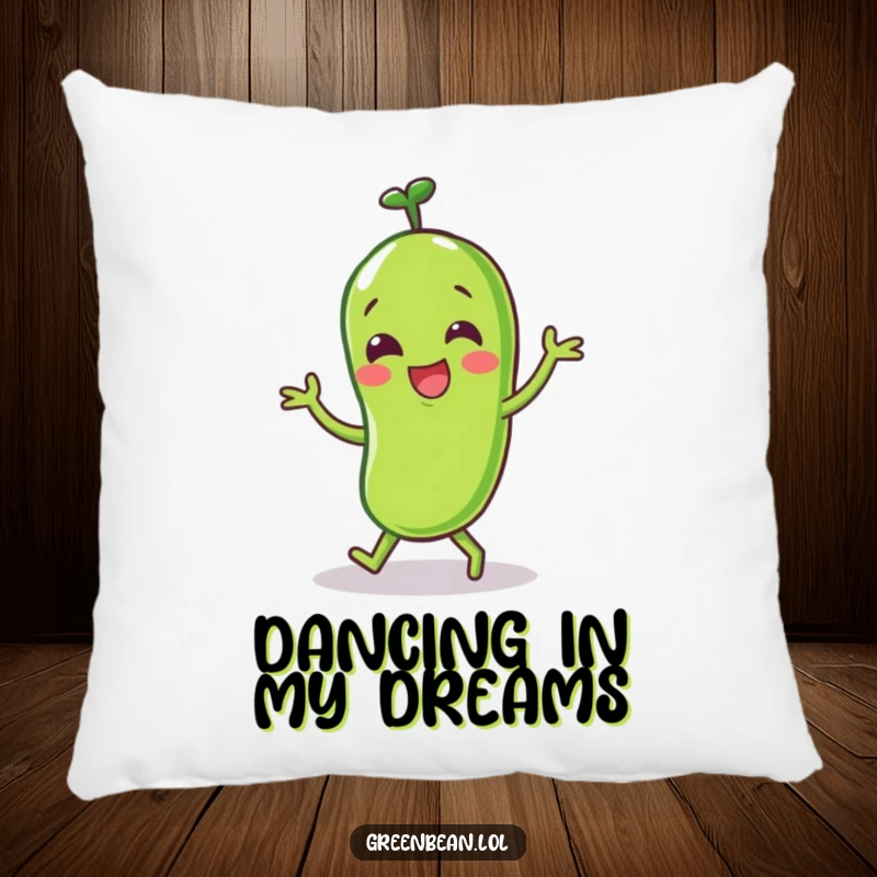 Funny Green Bean Pillow with a happy character doing a little dance, offering cozy comfort and joyful fun.