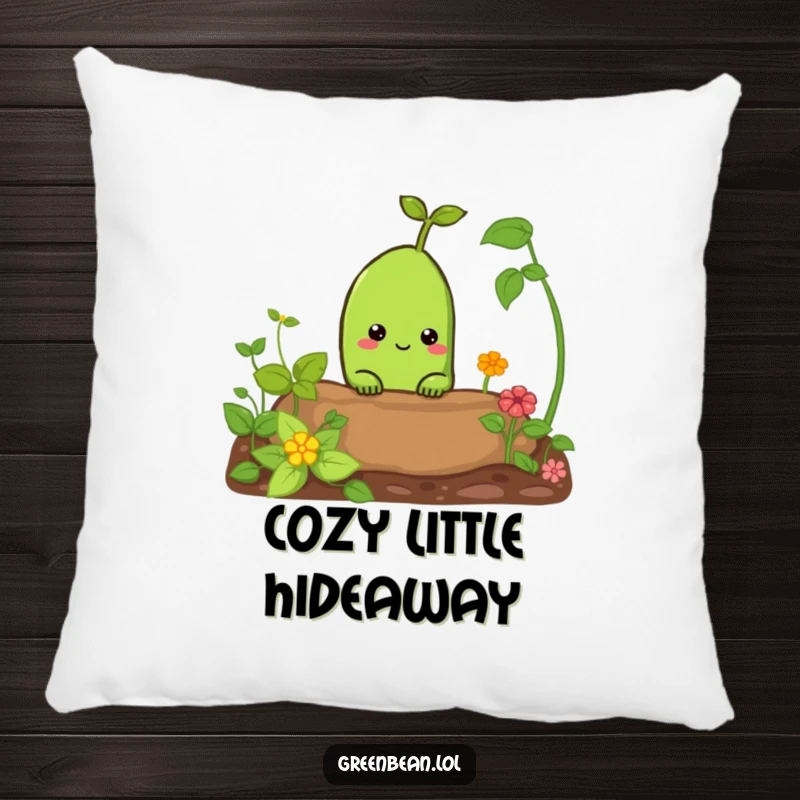 Funny pillow with a curious green bean peeking from a garden bed. Soft, humorous garden-themed decor.